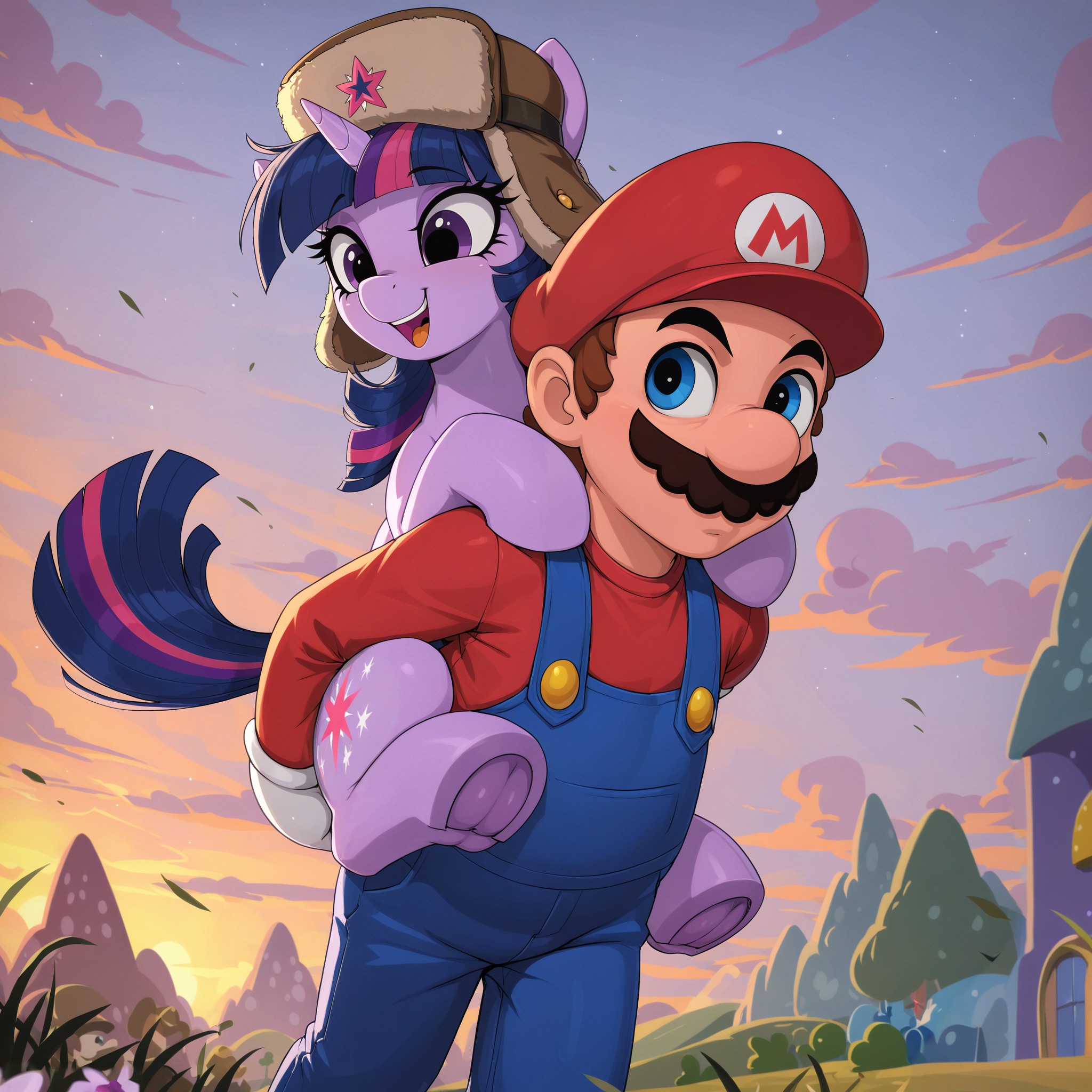 00005-782949314-masterpiece, best quality, absurd res, hi res, twilight sparkle wearing an ushanka and piggybacking on mario's shoulders, twilig.webp